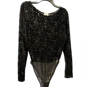 Vintage Velvet Burnout Bodysuit Black Roses Mesh Size Large